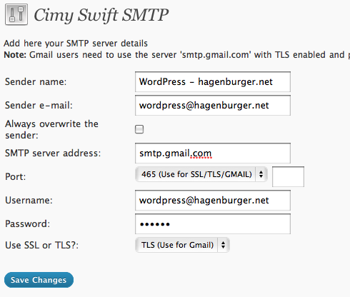 WordPress plugin for GMail mail and TLS/SSL connections